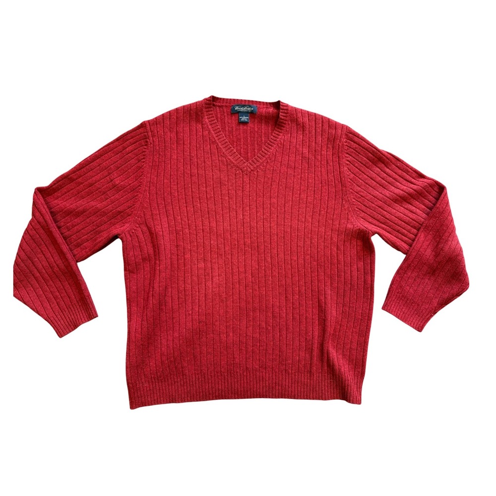 Brooks Brothers Mens Red 100% Lambswool Ribbed V-Neck Sweater Large Vintage